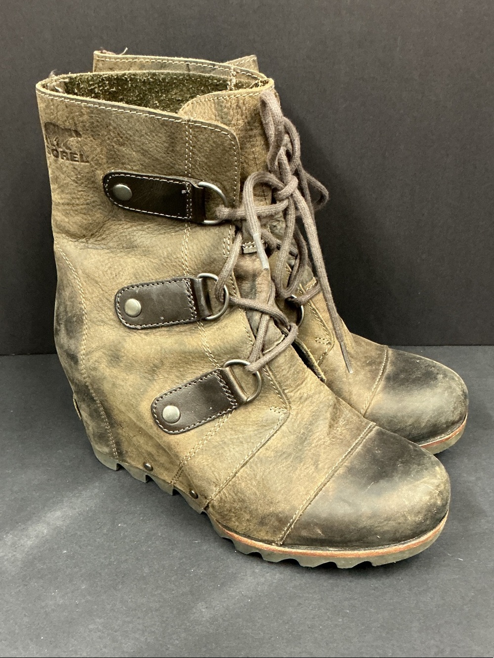Sorel Dark Brown Lace-Up Wedge Ankle Leather Boots